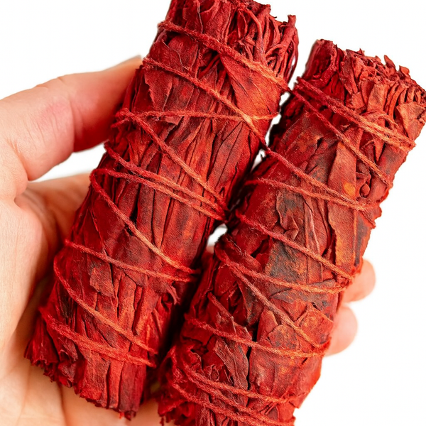 Two red bundles of sage held by a hand against a white background