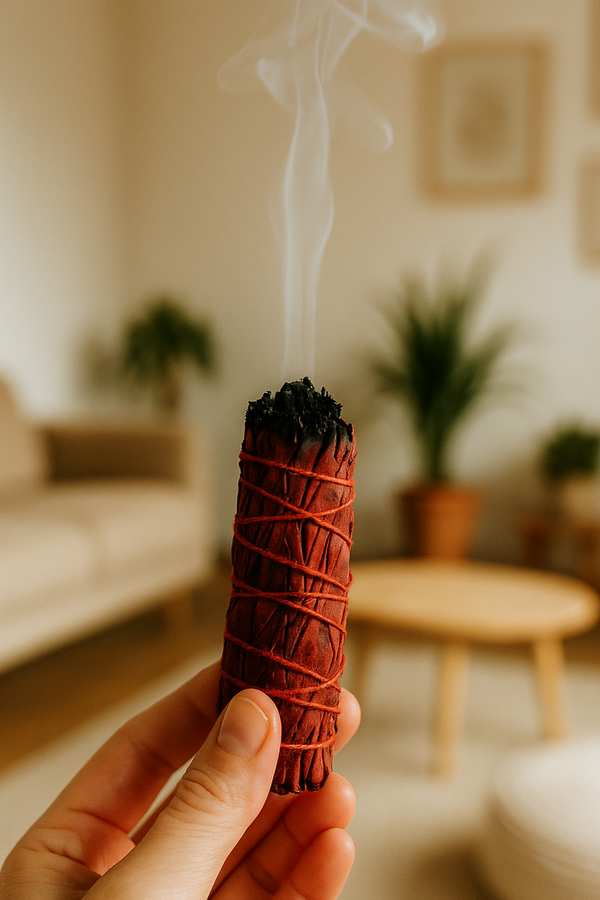 Hand holding a smoldering incense stick in a blurred indoor setting