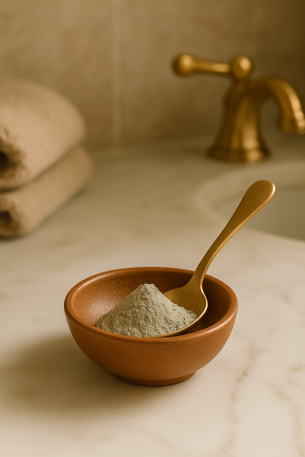 Bowl of green powder with a spoon on a bathroom counter