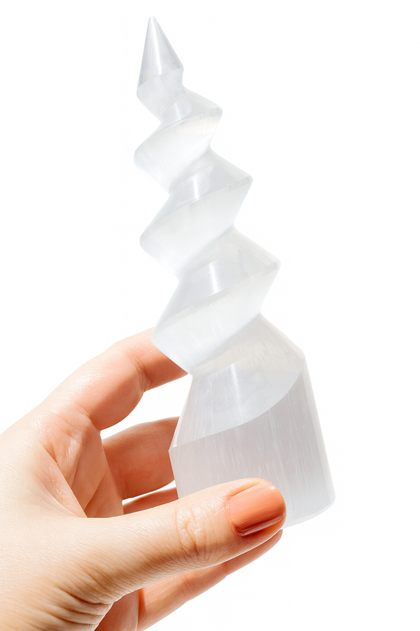 Hand holding a white, spiral-shaped object against a white background