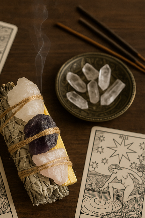 Smudge stick with crystals, tarot cards, and crystal bowl on a wooden surface